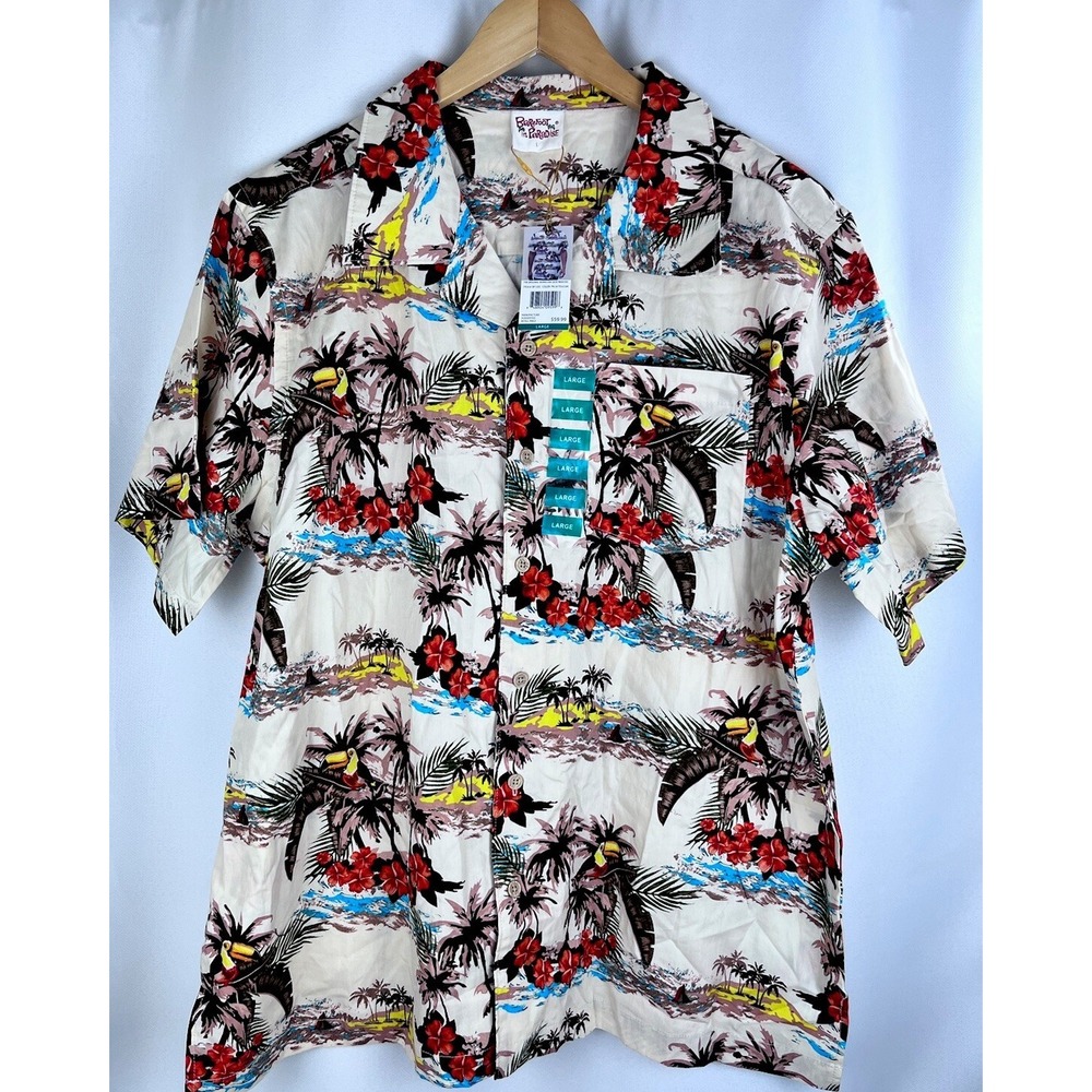 Barefoot In Paradise Mens Hawaiian‎ Button Shirt Palm Toucan Large NWT